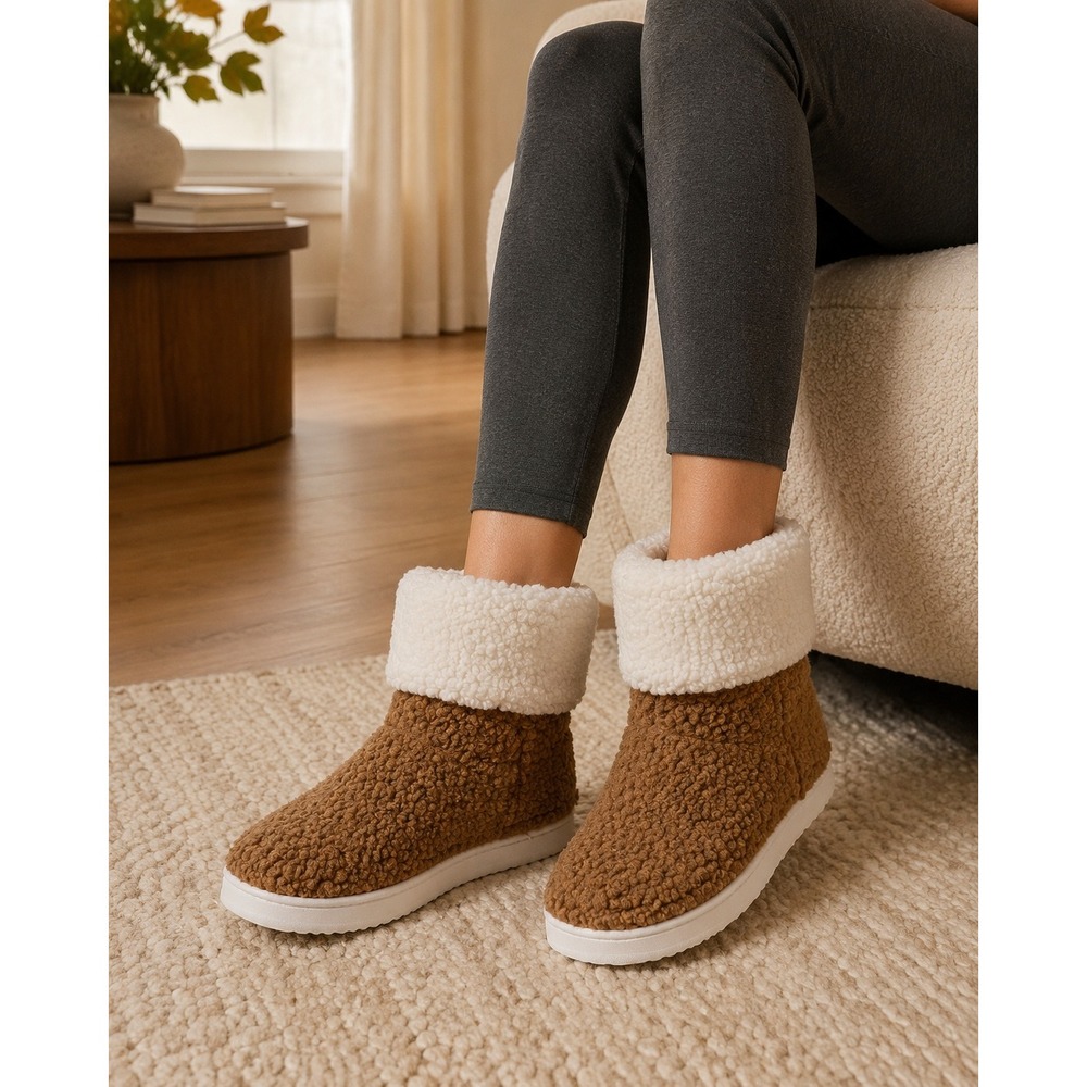 Wayland Square Slipper Boots Sherpa Faux Fur Memory Foam Cozy Brown Size L 10-11